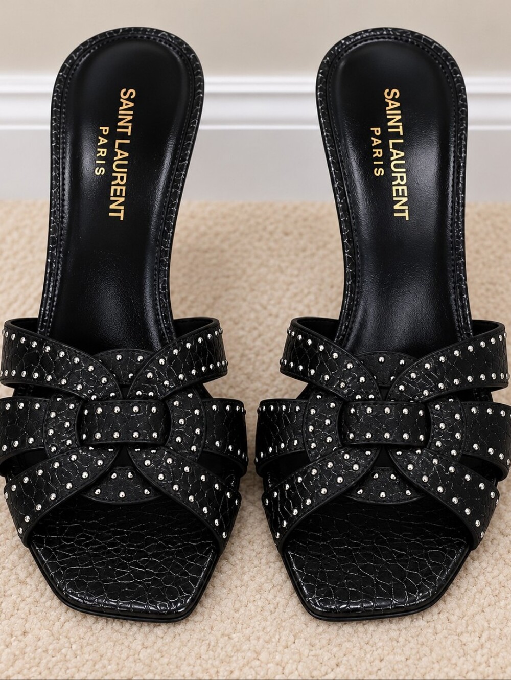 Saint Laurent Black Studded Leather Heeled Slide Sandals - Picture 2 of 11